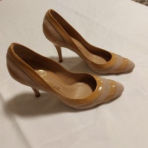 Beige and tan, suede and patent leather dress shoes